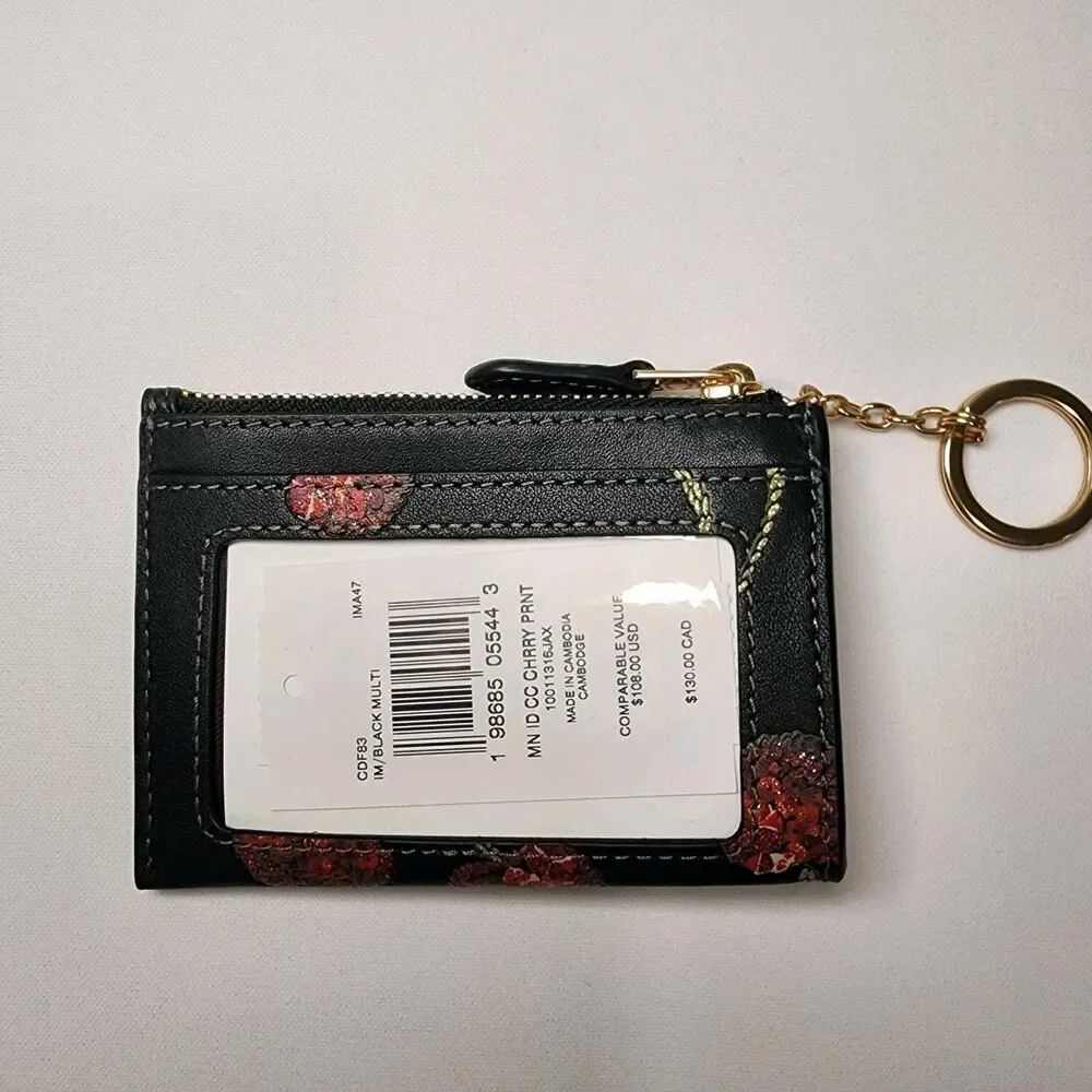 NWT COACH CDF83 Mini Skinny Id Case With Cherry Print Smooth Leather Black Multi